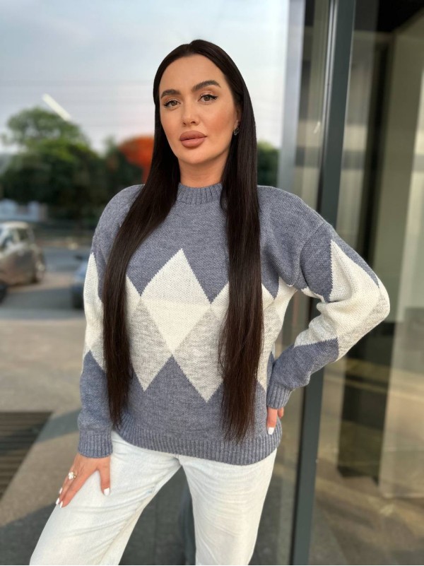 Жіночий светр з геометричним малюнком синього кольору 34417