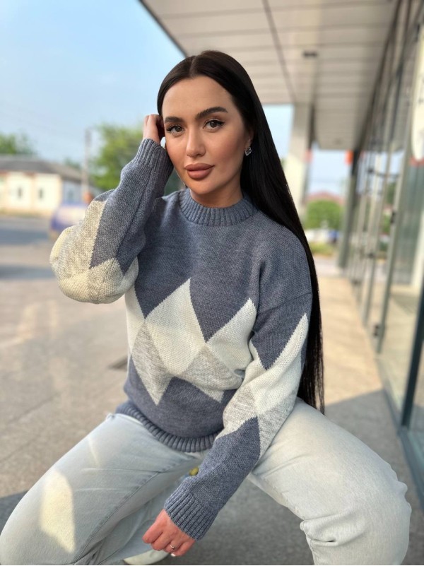 Жіночий светр з геометричним малюнком синього кольору 34417