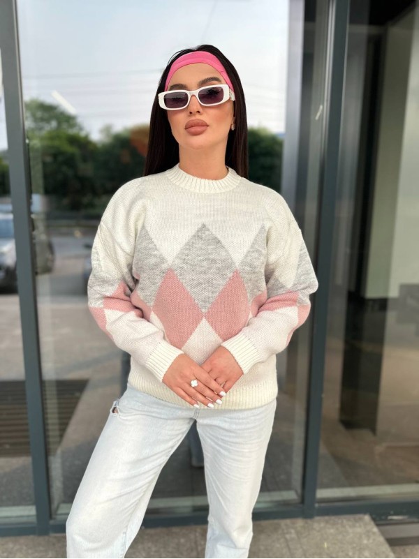 Жіночий светр з геометричним малюнком молочного кольору 34418