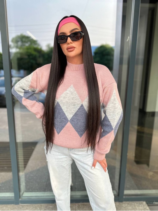 Жіночий светр з геометричним малюнком пудрового кольору 34419