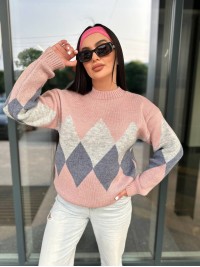 Жіночий светр з геометричним малюнком пудрового кольору 34419