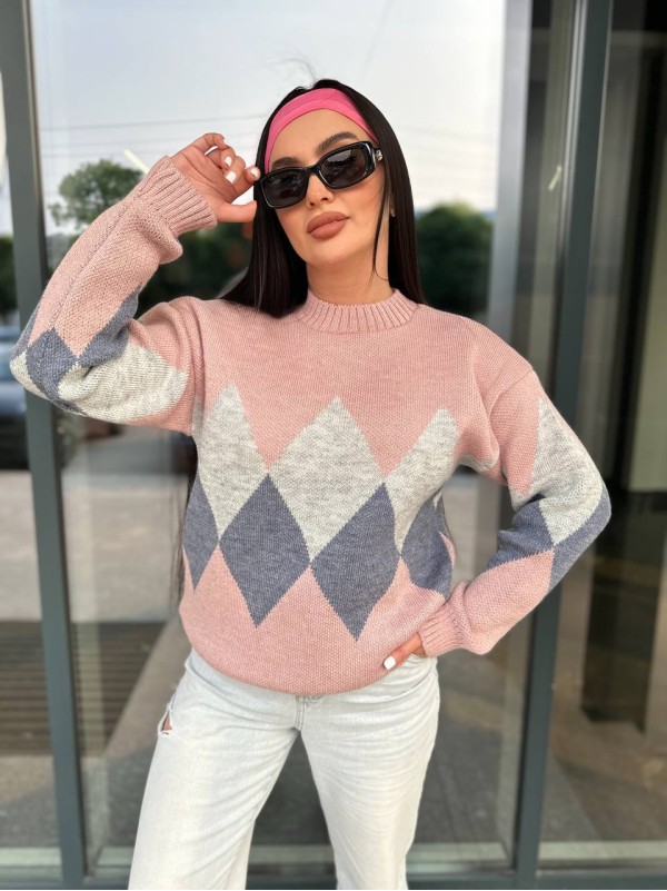 Жіночий светр з геометричним малюнком пудрового кольору 34419