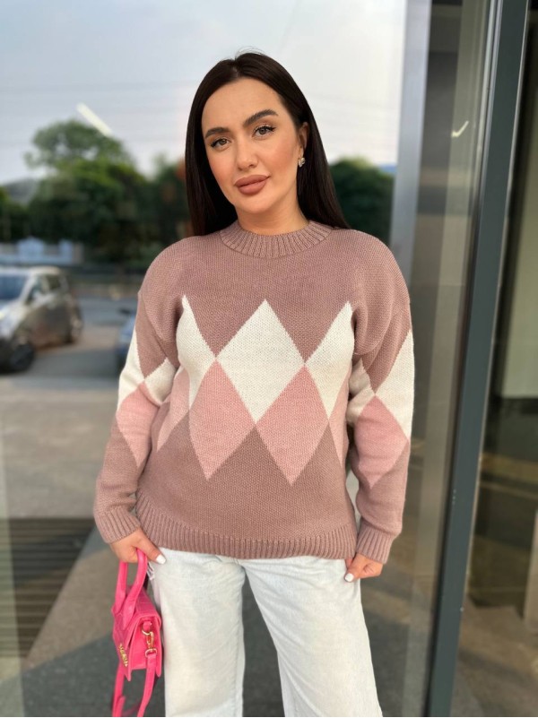 Жіночий светр з геометричним малюнком кавового кольору 34420