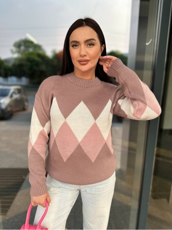 Жіночий светр з геометричним малюнком кавового кольору 34420