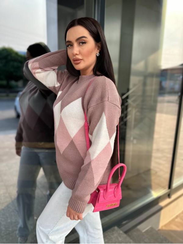 Жіночий светр з геометричним малюнком кавового кольору 34420