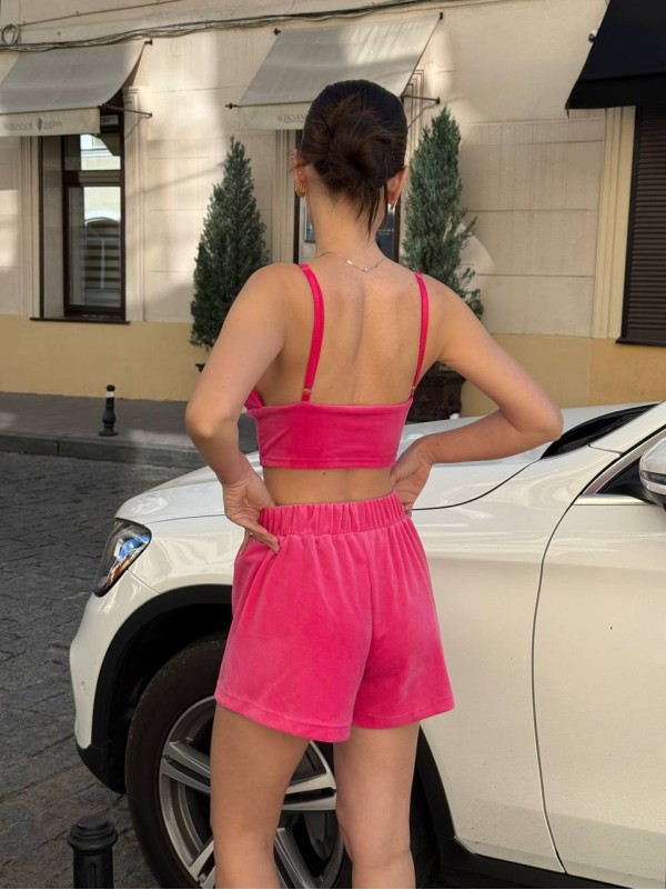 Велюровий домашній комплект топ+шорти малинового кольору 34430