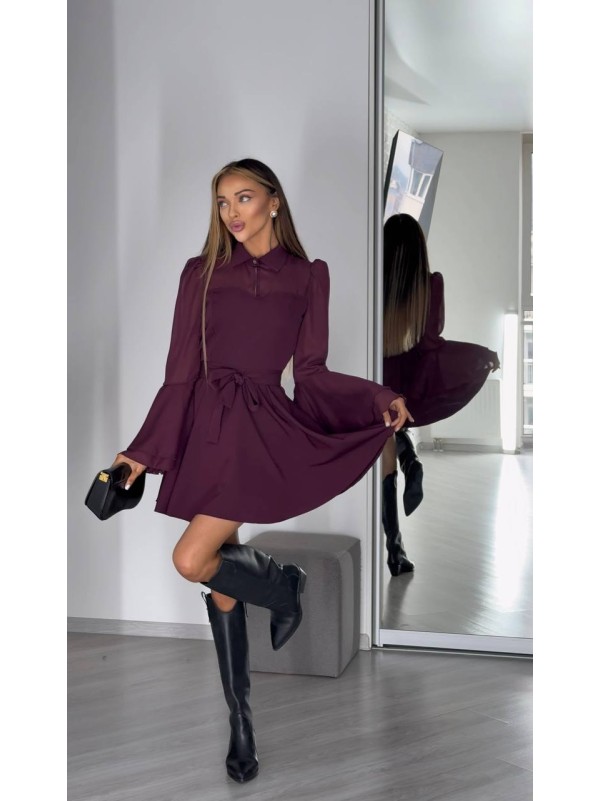 Сукня кліш з шифоновими рукавами бордового кольору 34443