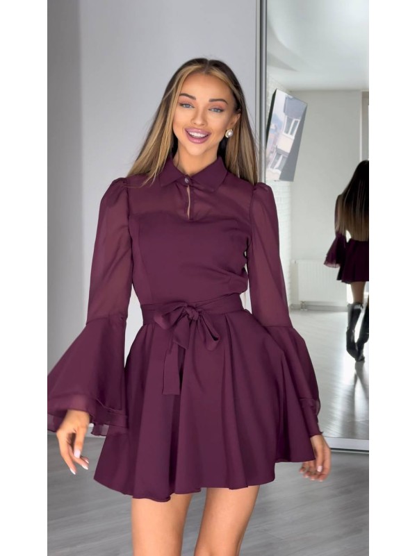 Сукня кліш з шифоновими рукавами бордового кольору 34443