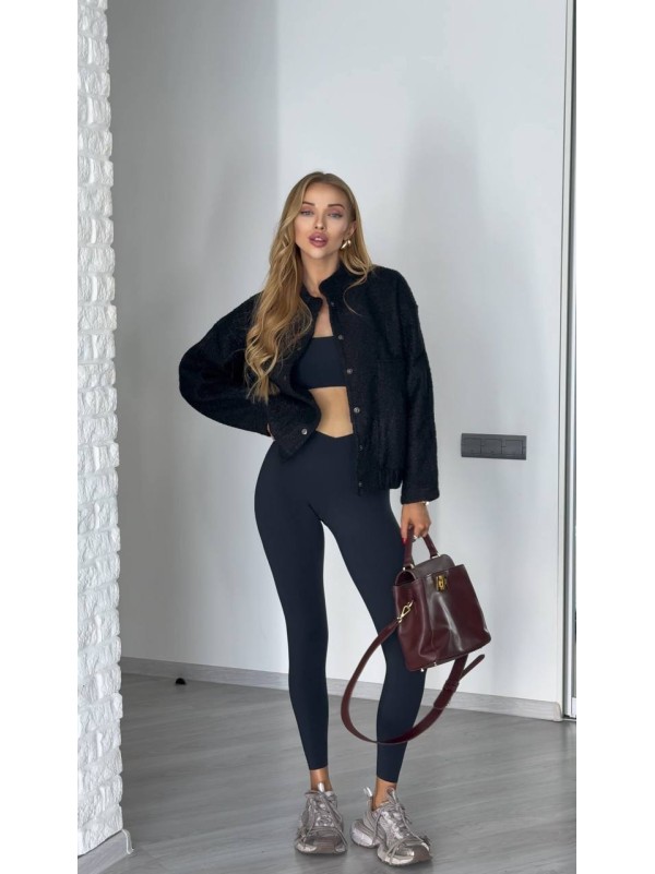 Жіночий вiльний бомбер букле чорного кольору 34446