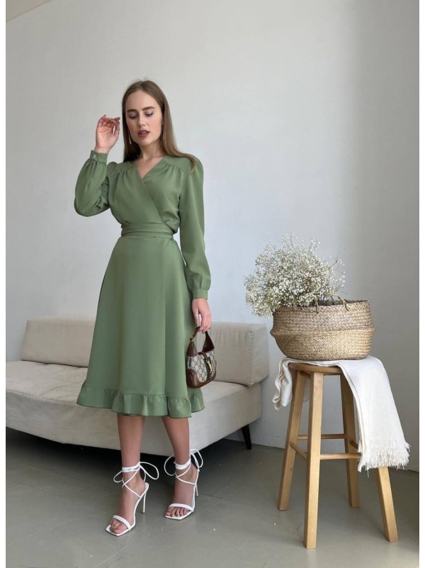 Сукня міді на запах оливкового кольору 34472