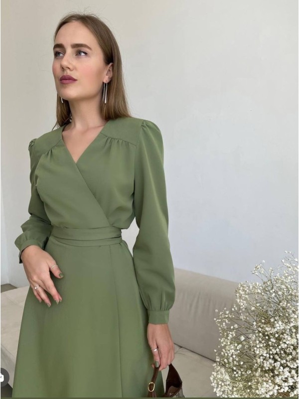 Сукня міді на запах оливкового кольору 34472