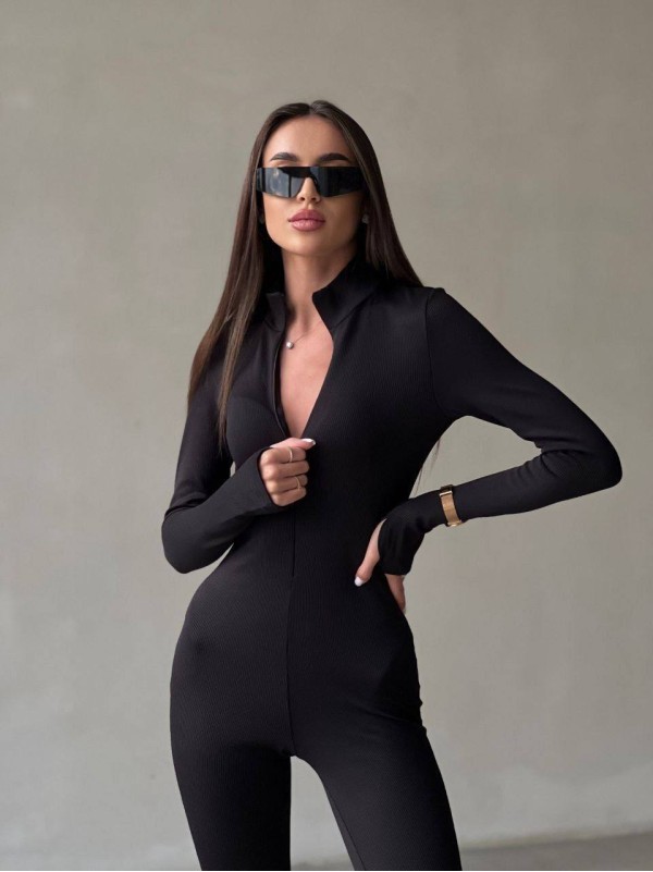 Жіночий еластичний комбінезон на флiсi чорного кольору 34475