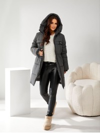 Жіноча куртка стьобана з капюшоном графiтового кольору 34498