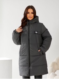 Жіноча куртка стьобана з капюшоном графiтового кольору 34498