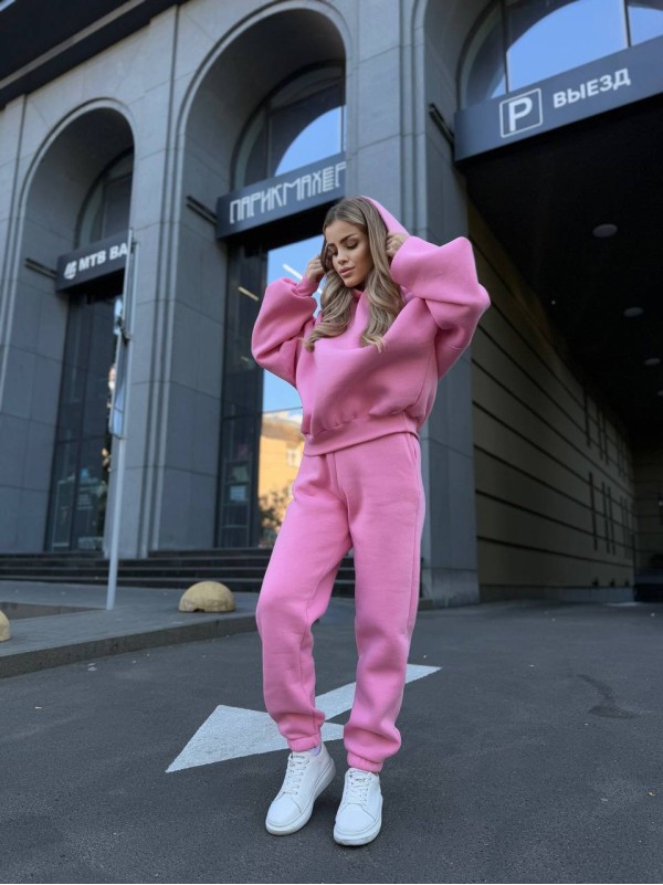 Жіночий теплий костюм з капюшоном рожевого кольору 34515