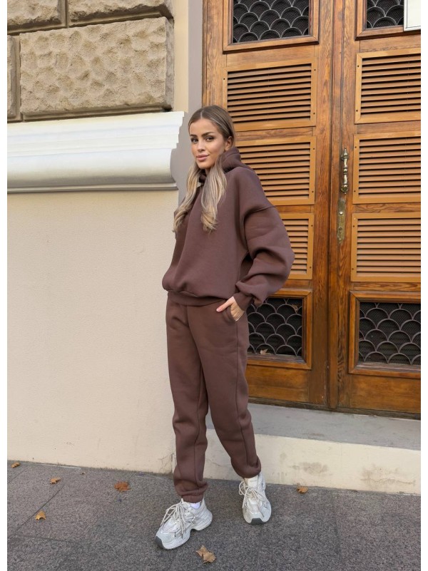Жіночий теплий костюм з капюшоном кавового кольору 34516
