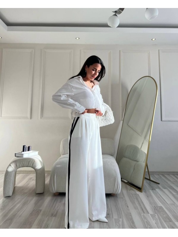 Жiночi штани палацо з лампасами молочного кольору 34523