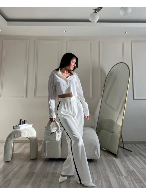 Жiночi штани палацо з лампасами молочного кольору 34523