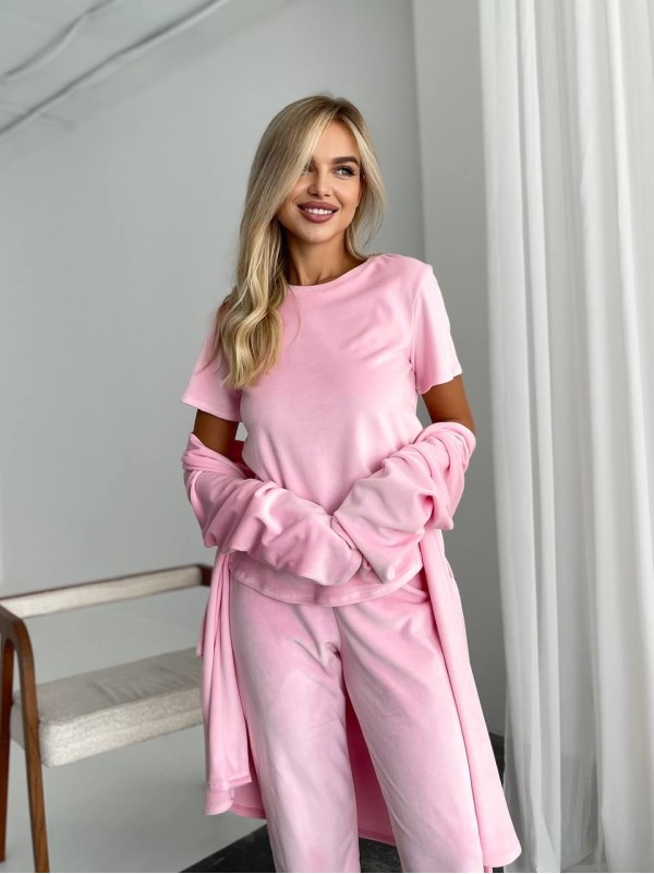 Велюровий домашній комплект трiйка рожевого кольору 34535