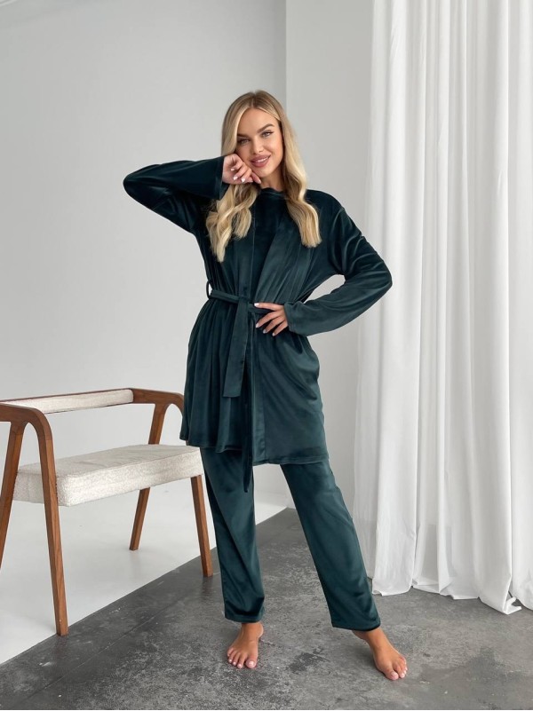 Велюровий домашній комплект трiйка смарагдового кольору 34536