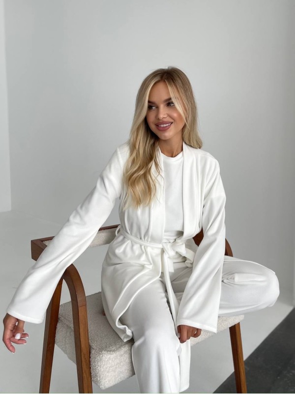 Велюровий домашній комплект трiйка молочного кольору 34537