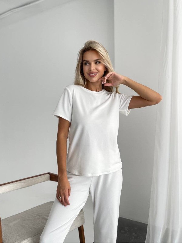 Велюровий домашній комплект трiйка молочного кольору 34537