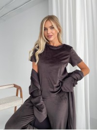 Велюровий домашній комплект трiйка коричневого кольору 34538