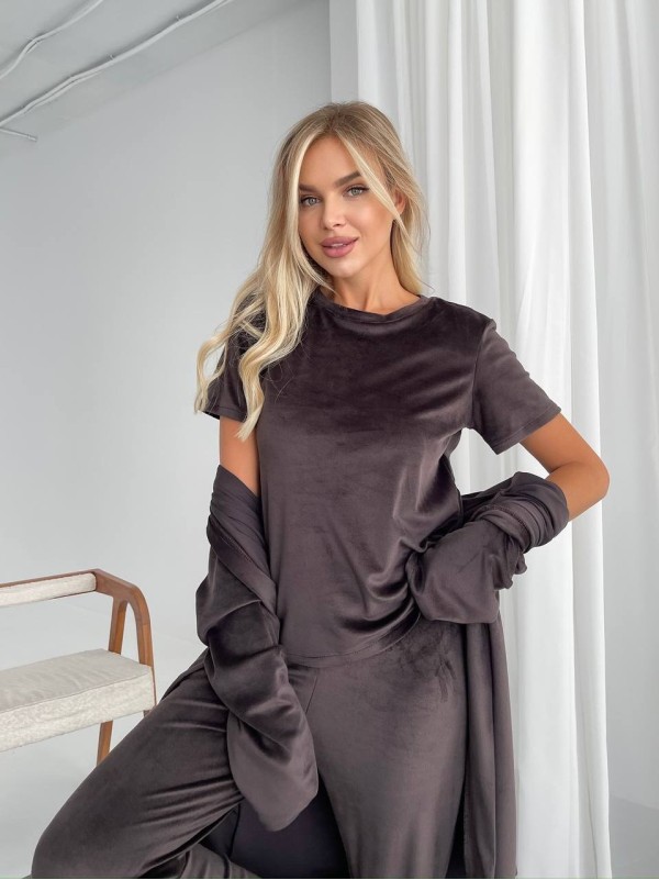 Велюровий домашній комплект трiйка коричневого кольору 34538