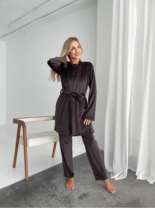 Велюровий домашній комплект трiйка коричневого кольору 34538