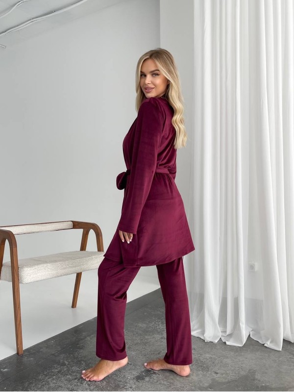 Велюровий домашній комплект трiйка бордового кольору 34539