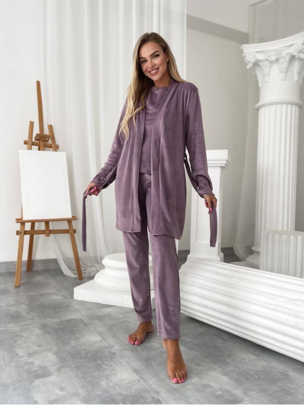 Велюровий домашній комплект трiйка лiлового кольору 34544