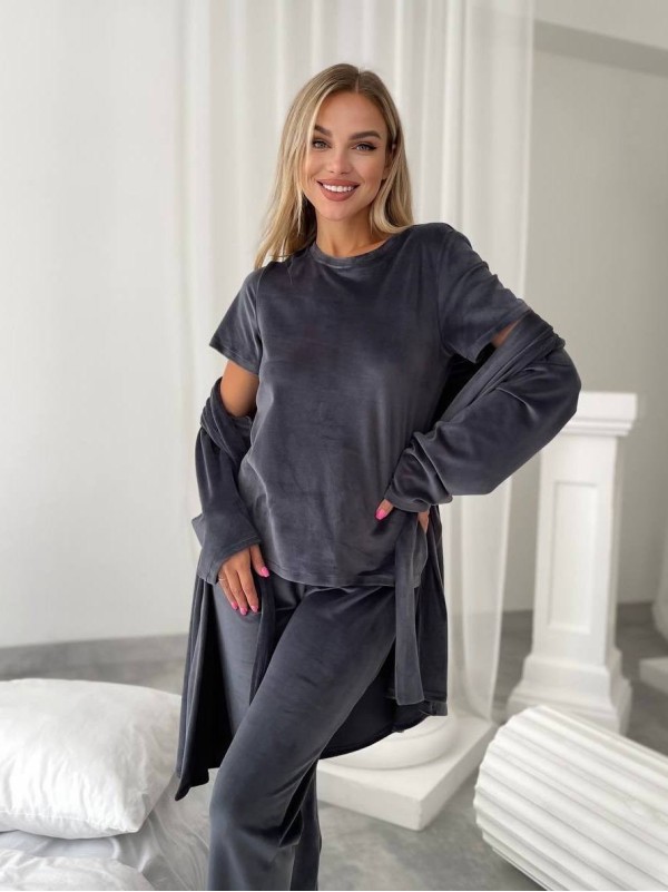 Велюровий домашній комплект трiйка графiтового кольору 34545