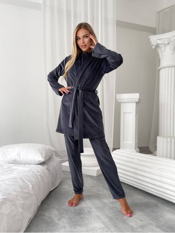 Велюровий домашній комплект трiйка графiтового кольору 34545