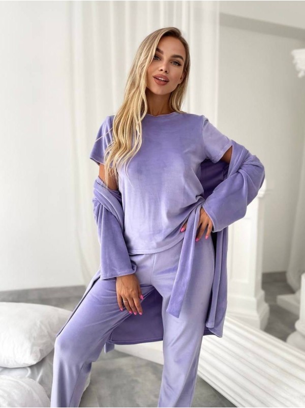 Велюровий домашній комплект трiйка бузкового кольору 34546