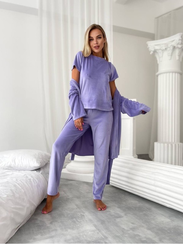 Велюровий домашній комплект трiйка бузкового кольору 34546