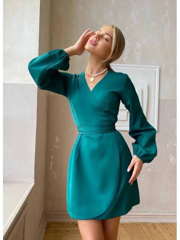 Сукня міні на запах смарагдового кольору 34551