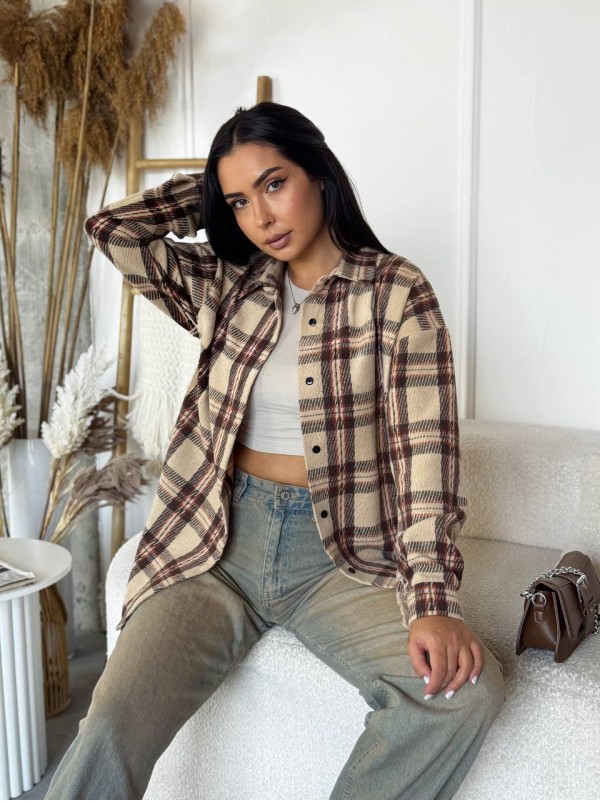 Тепла жiноча сорочка байка бежевого кольору 34556