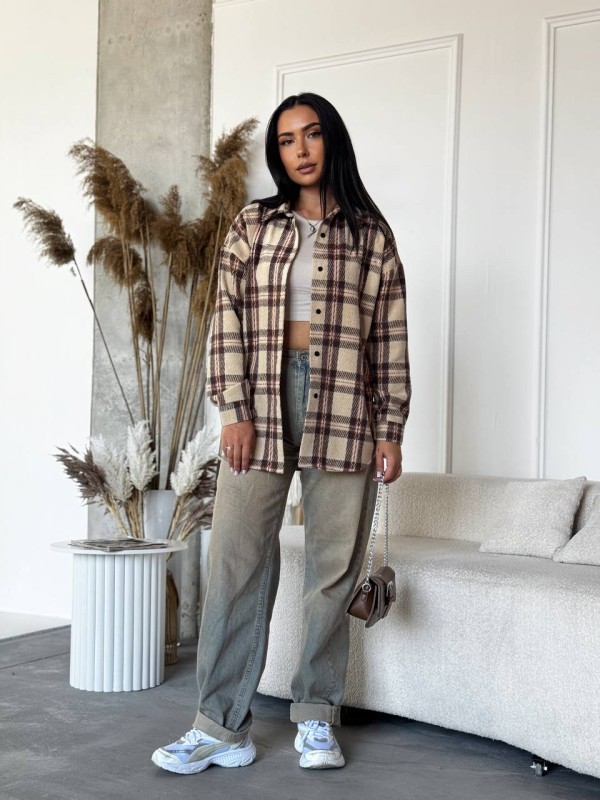 Тепла жiноча сорочка байка бежевого кольору 34556