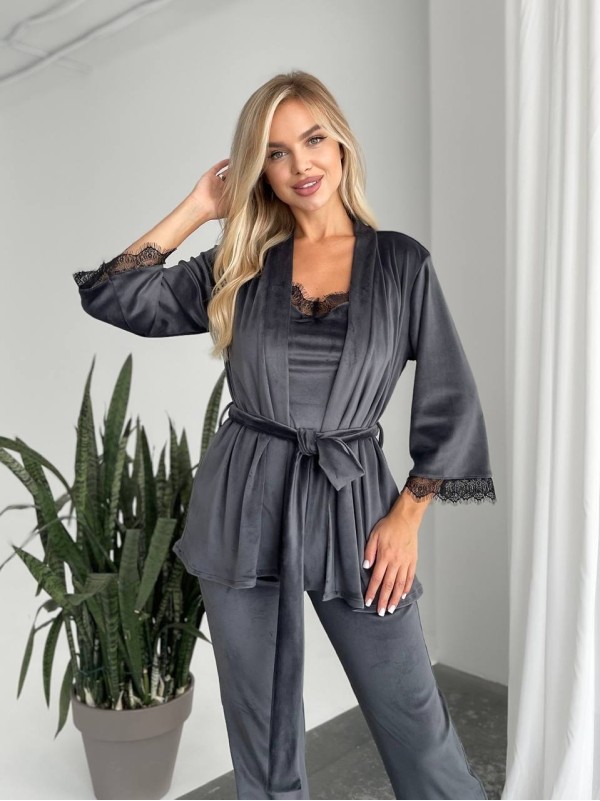 Велюровий домашній костюм трiйка графiтового кольору 34559