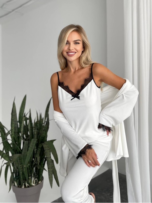 Велюровий домашній костюм трiйка молочного кольору 34560