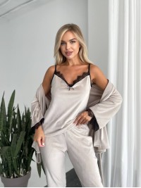 Велюровий домашній костюм трiйка бежевого кольору 34564