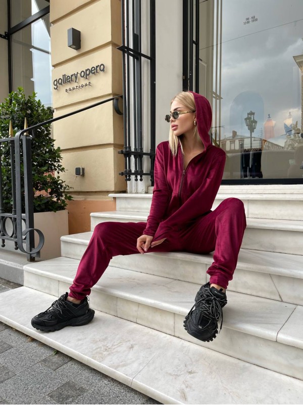 Жіночий велюровий костюм двійка бордового кольору 34579