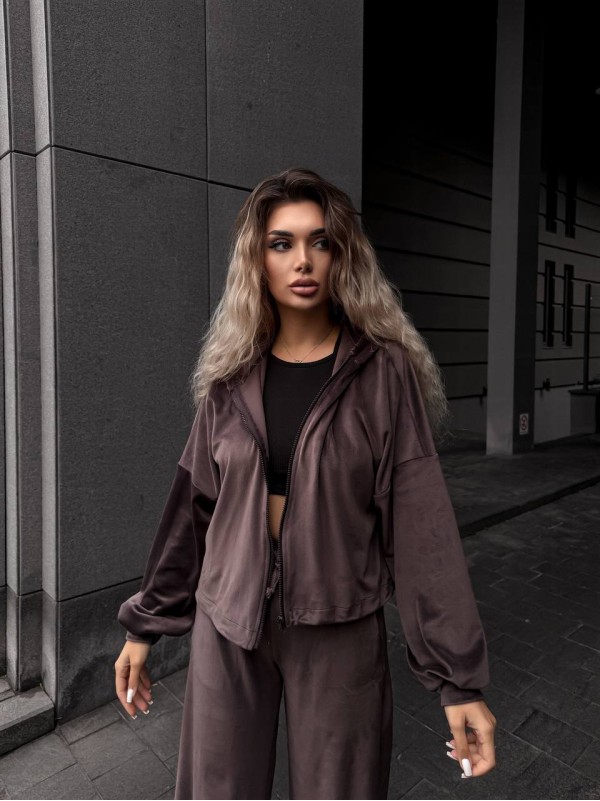 Велюровий жіночий костюм коричневого кольору 34592