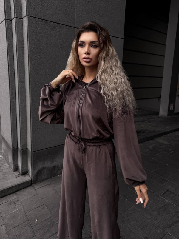 Велюровий жіночий костюм коричневого кольору 34592