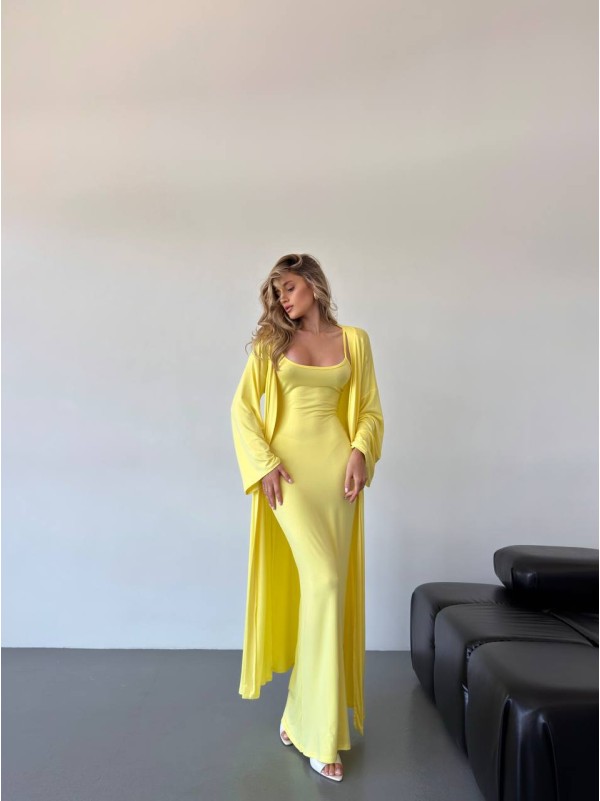 Жіночий костюм кардиган+сукня жовтого кольору 34595
