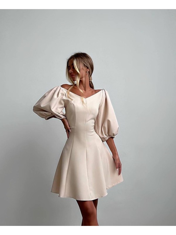 Сукня міні з пишним рукавом бежевого кольору 34613