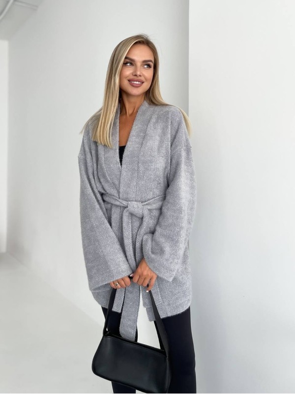 Жіночий кардиган з поясом сiрого кольору 34638