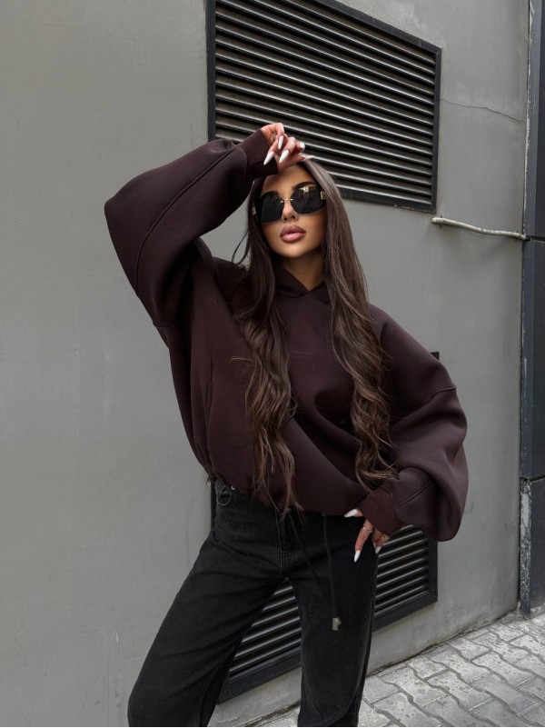 Жіночий худі з капюшоном на флiсi коричневого кольору 34642