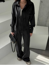 Жіночий велюровий костюм на гудзиках чорного кольору 34661