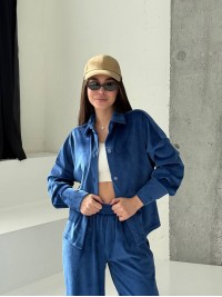 Жіночий велюровий костюм на гудзиках синього кольору 34662